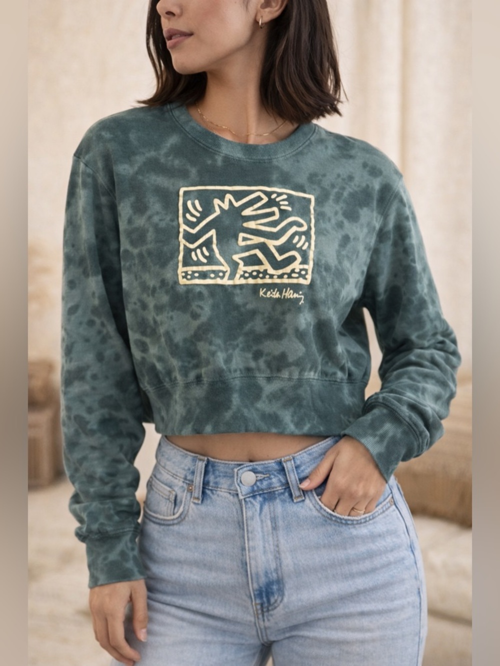 Keith Haring | Green | Tie Dye | Cropped Graphic Sweatshirt